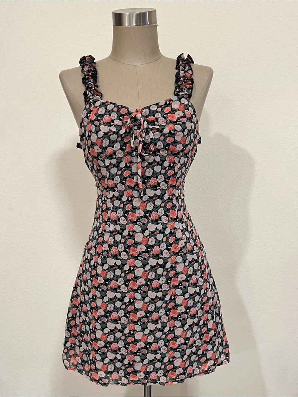 Nasty Gal Black Mini Dress with Coral & Blush Floral Print